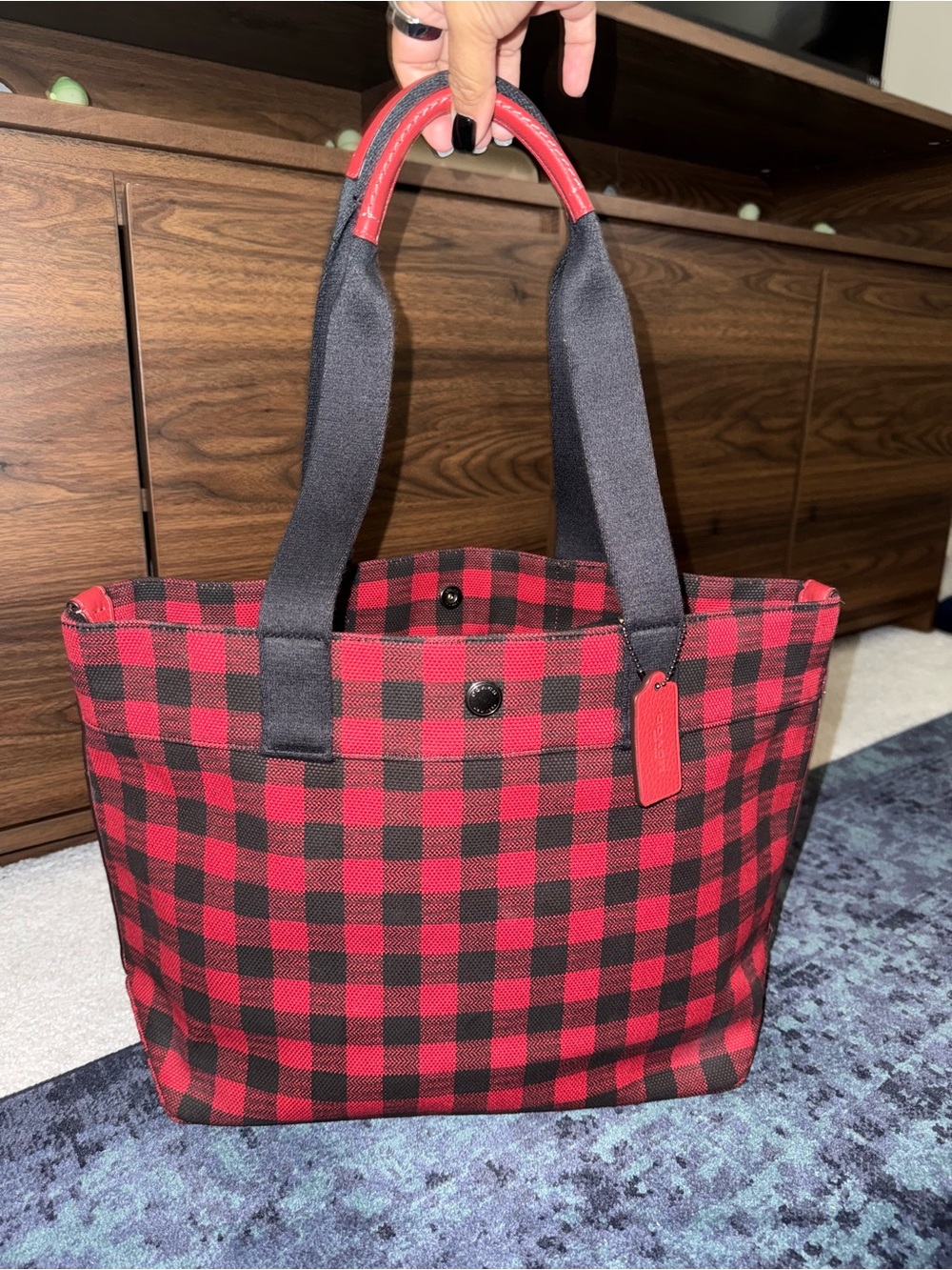 Coach Gingham Plaid Ruby Red Black Buffalo Check Canvas Large Tote Bag F39848